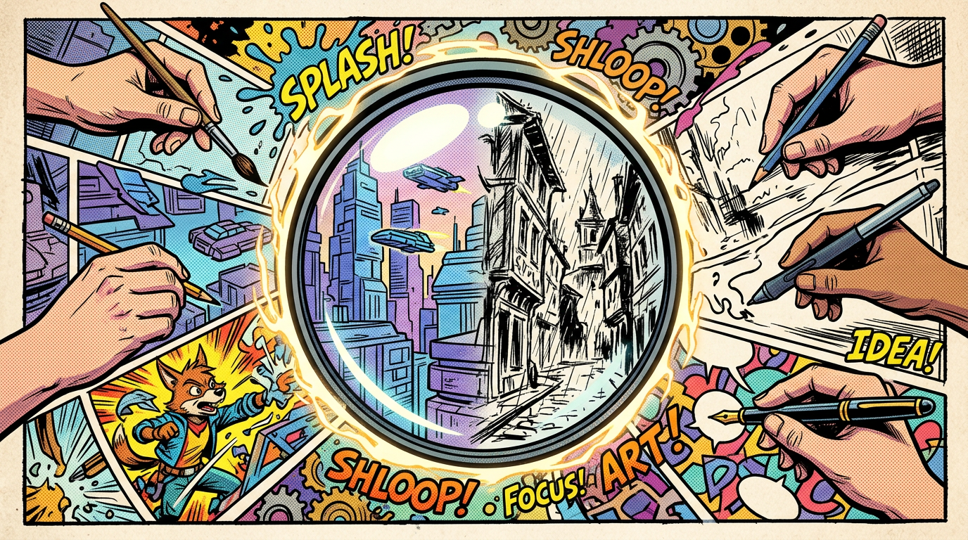 Multiple hands drawing and painting different scenes, including a futuristic city and a comic fox character