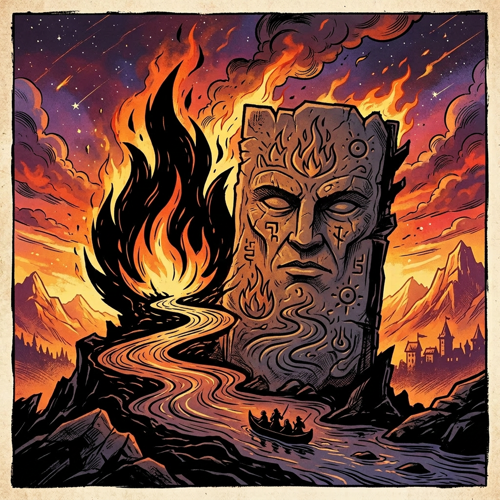 River of fire with mission checklist: cross the fiery rift, navigate the burning river, retrieve the essence, survive the night