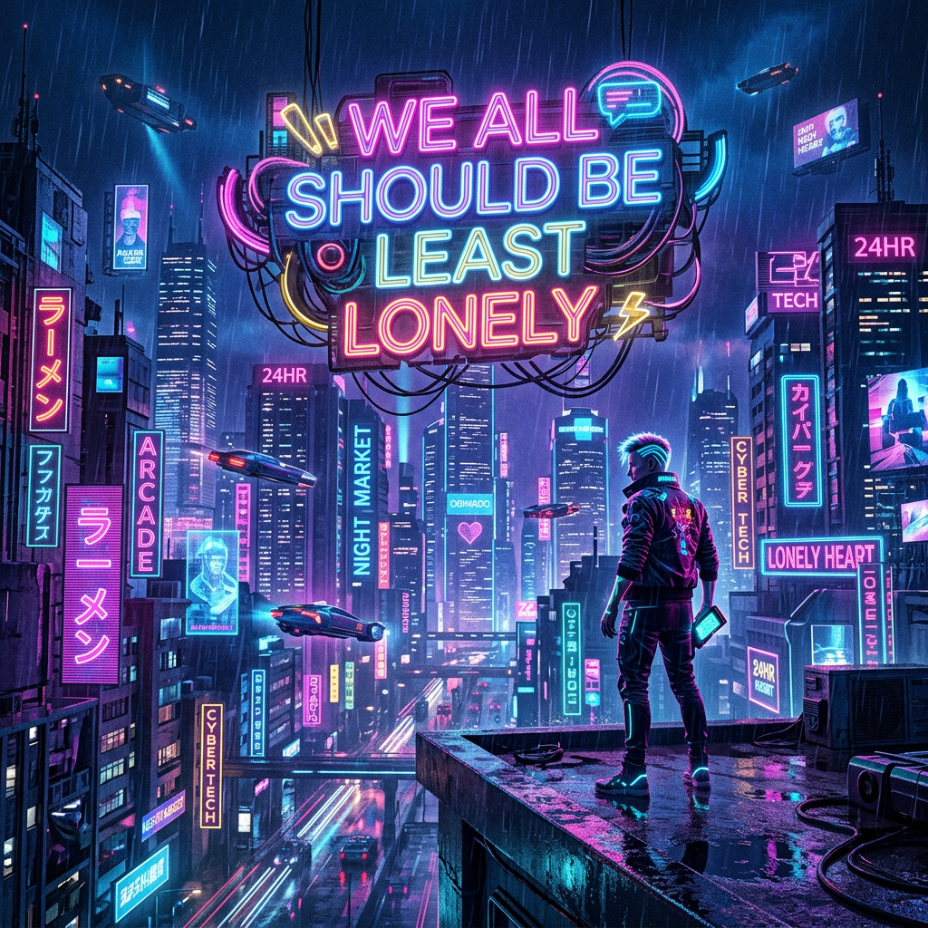 Cyberpunk cityscape at night with neon signs and a person standing on a rooftop